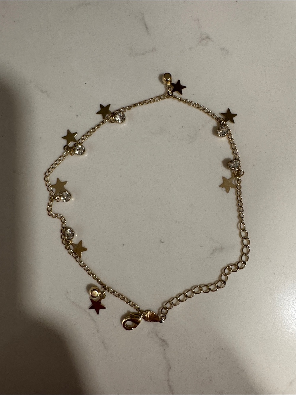 Gold-Platelet Waterproof Star and Clear Rhinestone Charm Anklet